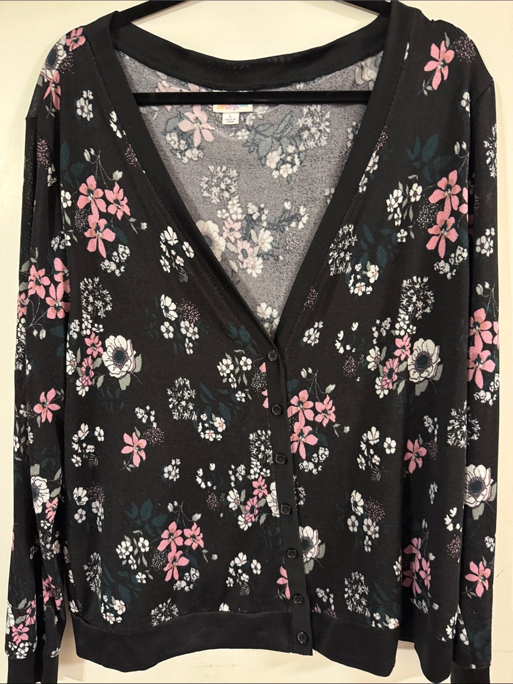 LuLaRoe Cheryl, Black Button-Front Cardigan with Pink & White Floral Print